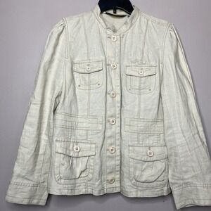 Eddie Bauer Women's 100% Linen Military Jacket Beige Button Up Roll‎ Tab Sleeve